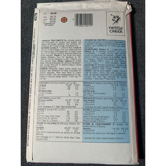 Butterick 4370 Craft Window Treatments Curtains Sewing Pattern uncut - Picture 2 of 2